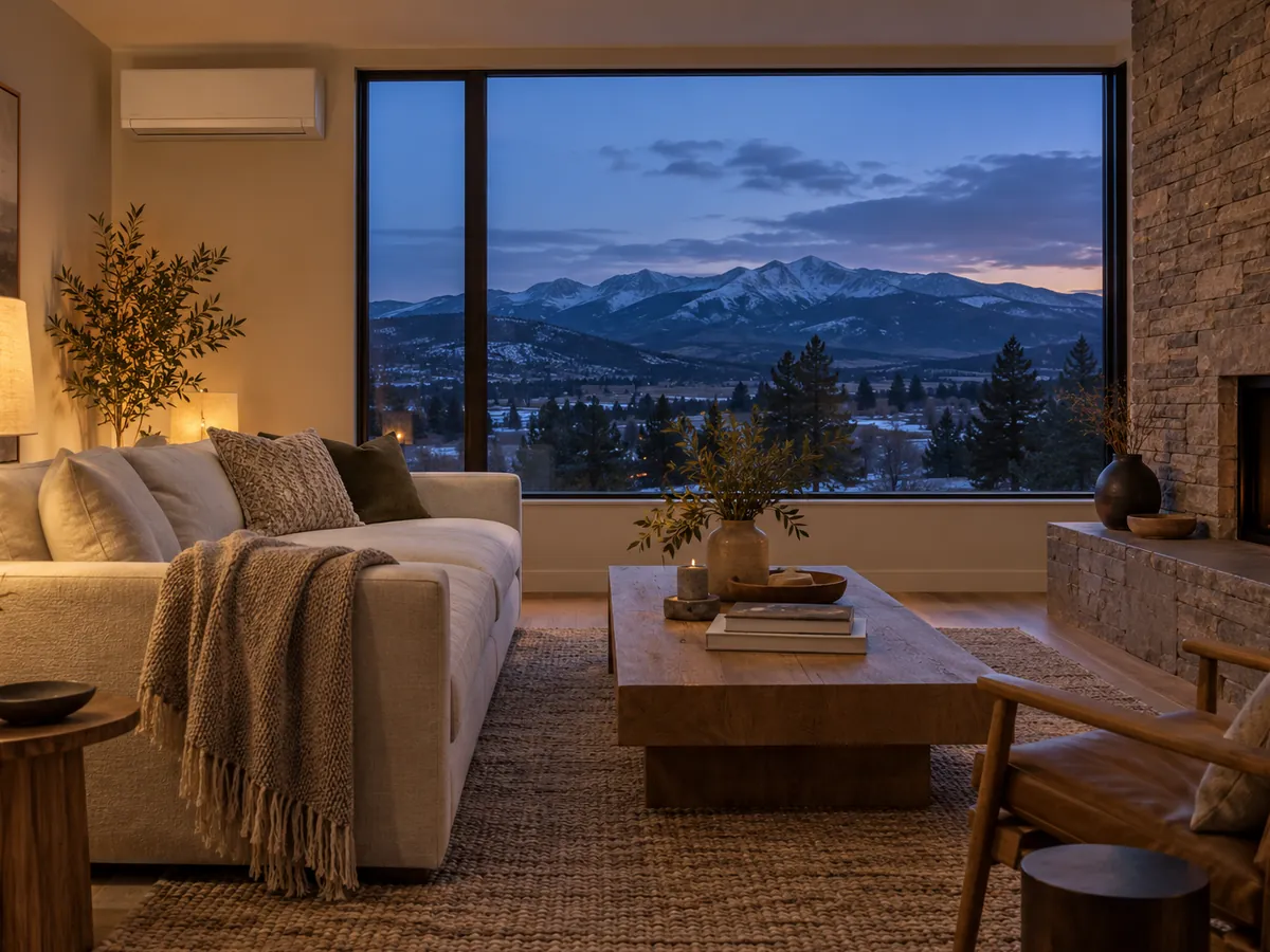 A warm living room at dusk with a slim wall-mounted heat pump and mountain views